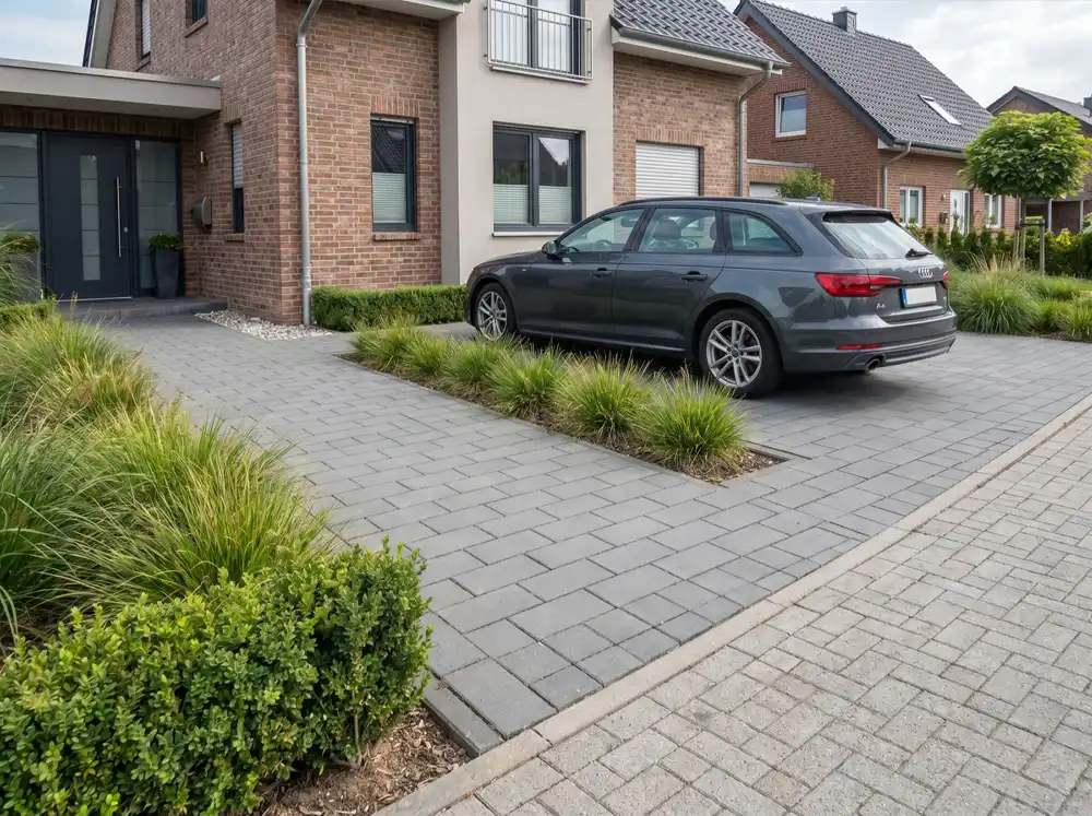 Moderne befahrbare Pflasterfläche mit Einfahrt, Stellplatz, Hauszugang und gepflegtem Vorgarten
