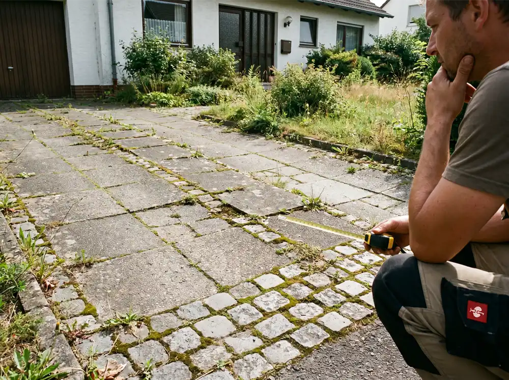 Ältere Einfahrt mit verwachsenen Fugen, unruhigem Pflasterbild und Fachperson zur Einschätzung