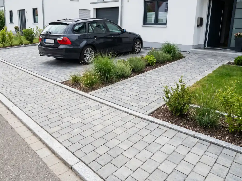 Fertig gebaute Einfahrt mit Pkw-Stellplatz, Hauszugang, Vorgarten und sauberer Grundstücksanbindung