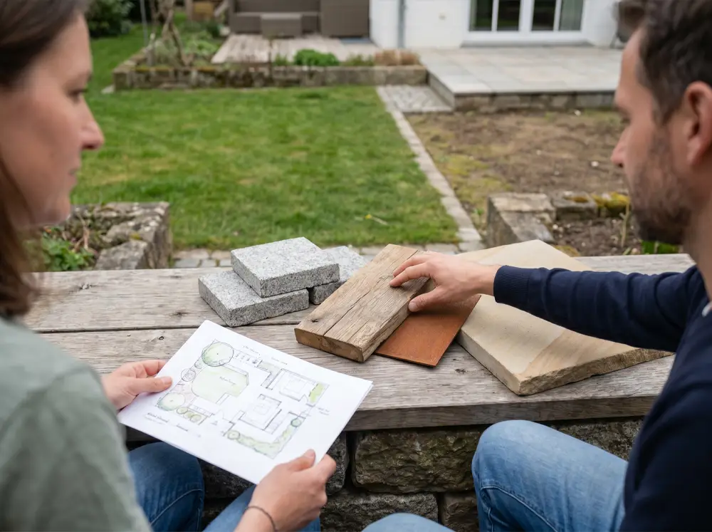 Gartenberatung mit Materialmustern, Gartenskizze und Blick auf einen privaten Garten