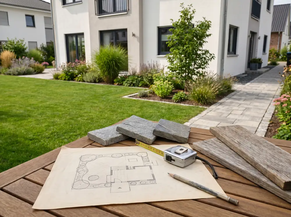 Gartengestaltung mit Planungsskizze, Materialmustern und Blick in einen gepflegten Gartenbereich