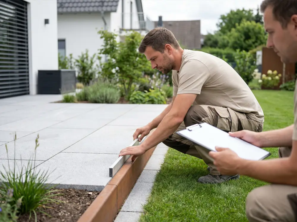 Gartenbauer prüft eine Beetkante zwischen Terrasse, Rasen und Pflanzbereich mit Wasserwaage