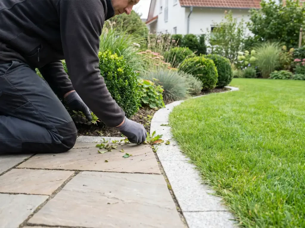 Gartenpflege Fachperson entfernt Wildwuchs an einer Beetkante zwischen Gartenweg und Rasenfläche