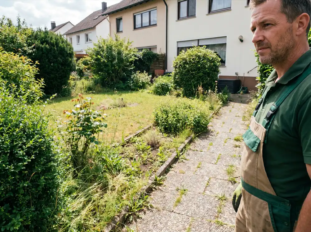 Gartenpflege Fachperson betrachtet einen Privatgarten mit Wildwuchs, ungepflegtem Weg und Schnittbedarf