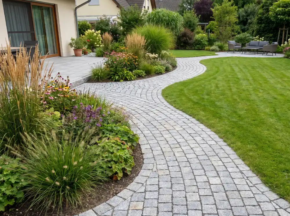 Gepflasterter Gartenweg verbindet Hauszugang, Beete, Rasenfläche und kleine Pflasterfläche