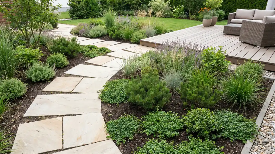 Pflegeleichter Garten mit robusten Pflanzen, klaren Wegen und strukturierter Gartengestaltung