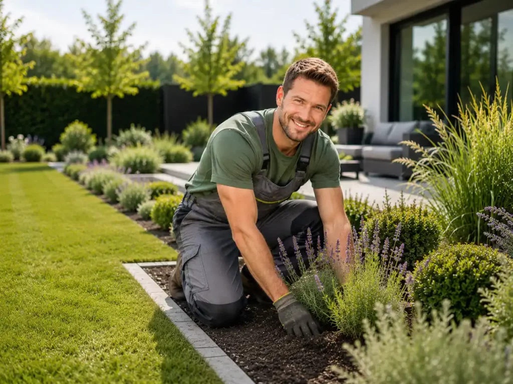 Freundlicher PickBull Mitarbeiter bei der Gartengestaltung in einem gepflegten Privatgarten in Gelsenkirchen.