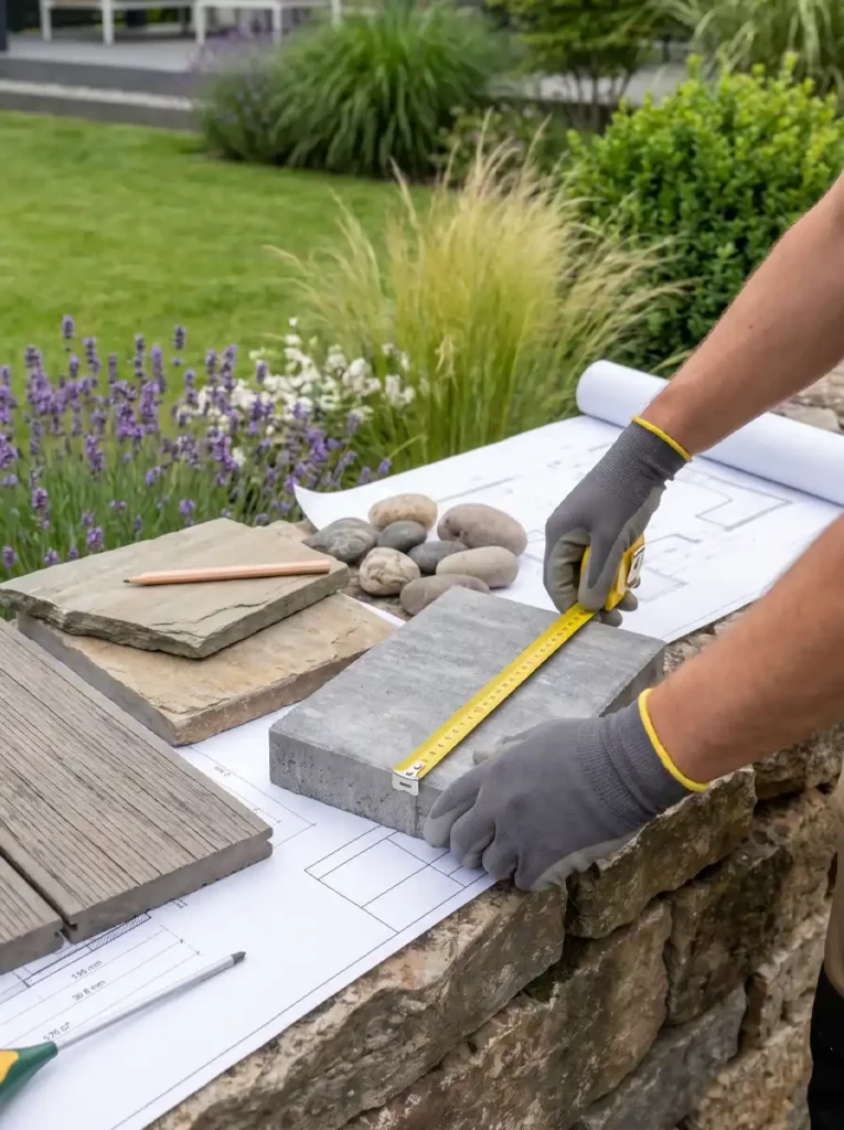 Materialmuster, Maßband und Gartenskizze für eine Gartenplanung von PickBull in Gelsenkirchen.