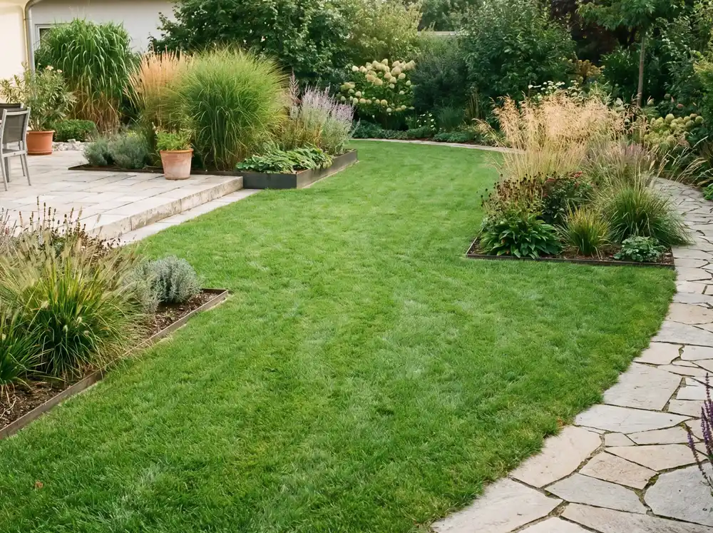 Gepflegte Rasenfläche verbindet Terrasse, Beete und Gartenweg in einem privaten Garten