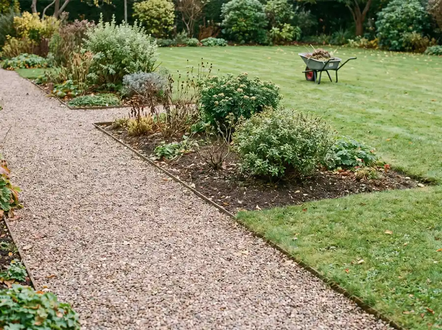 Gepflegter Garten mit Kiesweg, Beeten, Rasenfläche und Schubkarre im Hintergrund