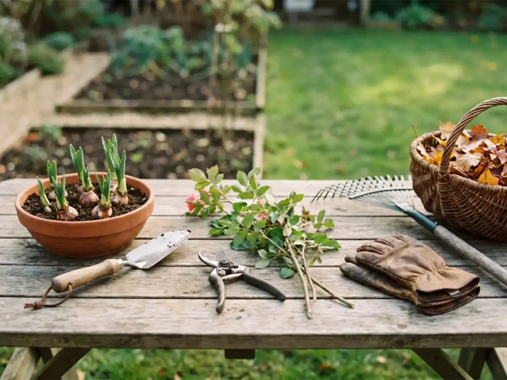 Gartentisch mit Trieben, Gartenschere, Zweigen und Herbstblättern als Symbol für saisonale Gartenpflege