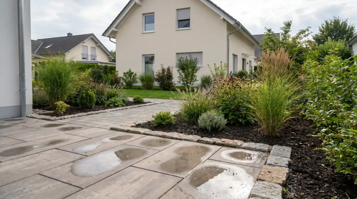 Starkregen im Garten mit Terrasse, Pflasterweg und wasserbewusster Bepflanzung