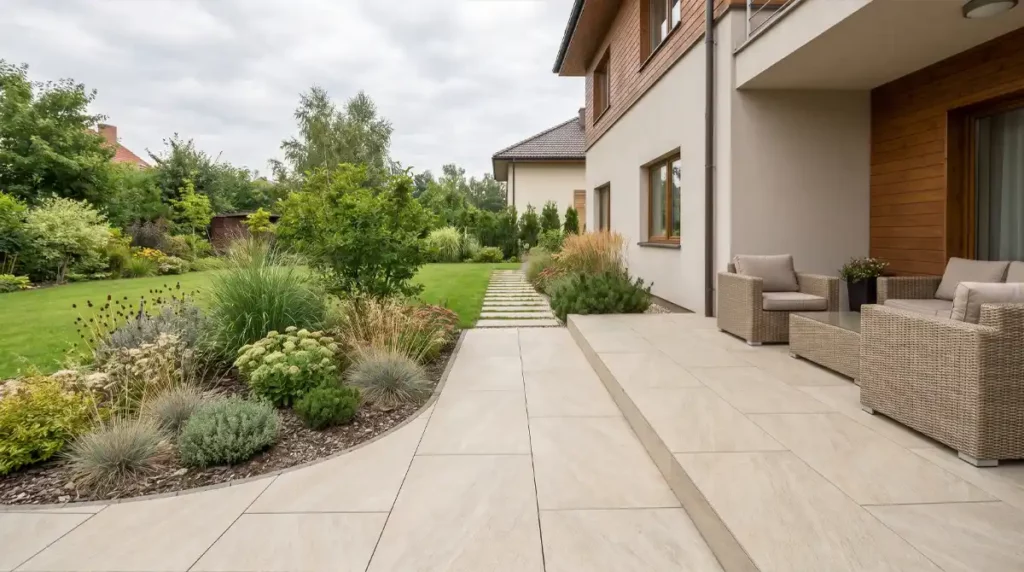 Terrasse planen mit hellen Platten, Gartenanschluss und gepflegten Beetflächen