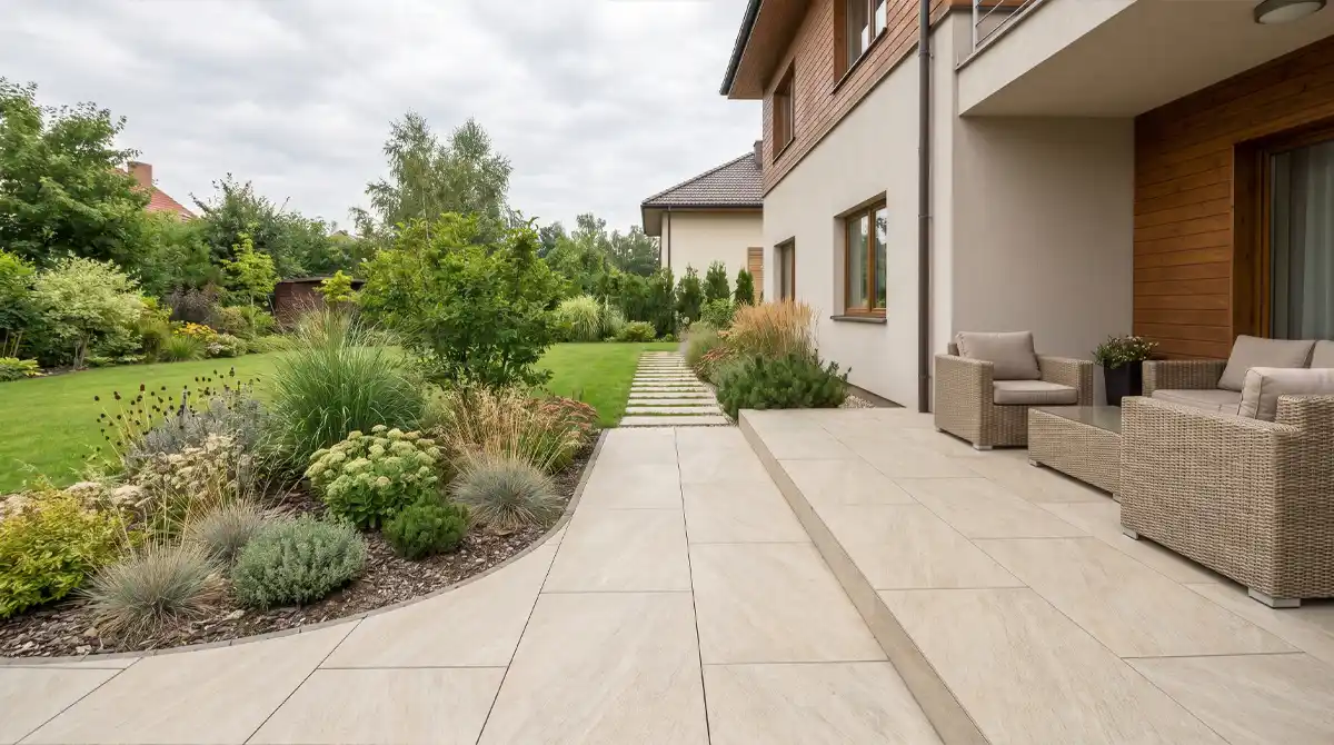 Terrasse planen mit hellen Platten, Gartenanschluss und gepflegten Beetflächen