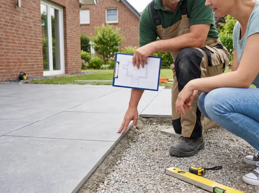 Abstimmung zum Terrassenbau mit Gartenbau Fachperson und Kunde am Außenbereich