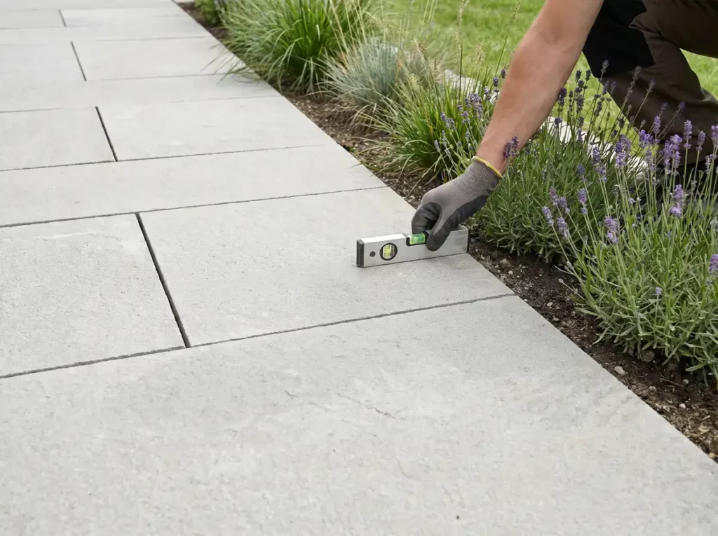 Terrassenbau Detail mit Platten, Fugen, Kante und Prüfung des Gefälles