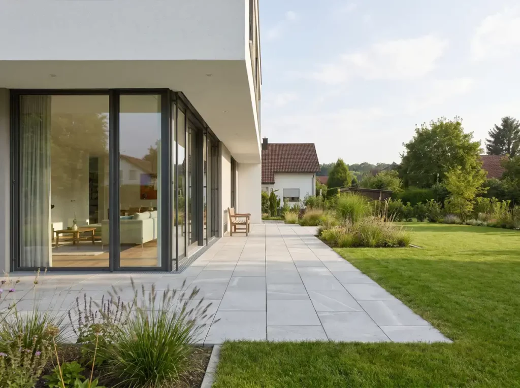Terrasse verbindet Wohnhaus, Garten, Grünfläche und Pflanzbereiche