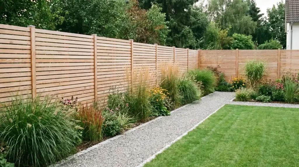 Moderner Gartenzaun als klare Grundstücksgrenze zwischen Rasenfläche, Beet und Gartenweg