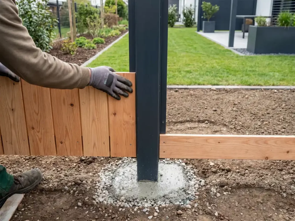 Gartenbau Fachperson richtet einen Zaunpfosten und ein Zaunelement im privaten Garten aus