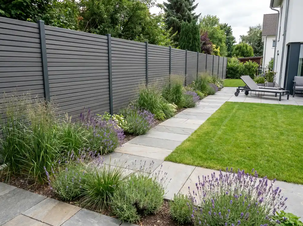 Moderner Zaun mit Gartenweg, Beeten, Rasenfläche und sauberer Einbindung in den Außenbereich