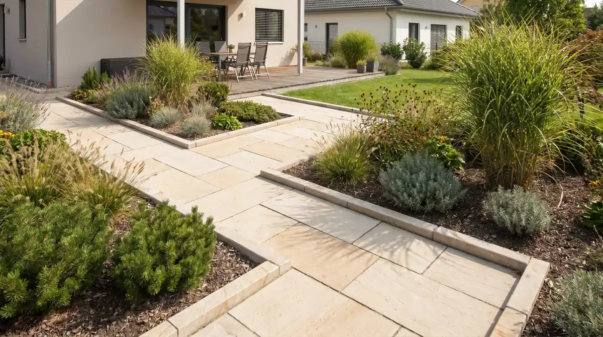 Gartenwege anlegen mit Natursteinplatten, klaren Beetkanten und gepflegter Gartengestaltung
