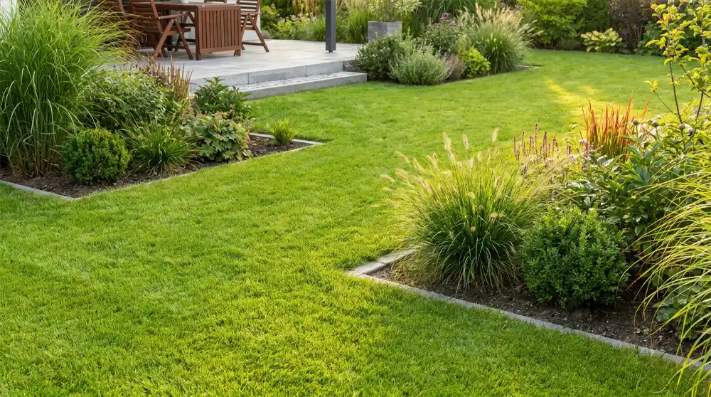 Rasenpflege im Sommer mit gepflegtem Rasen, Beetkanten und robuster Gartengestaltung