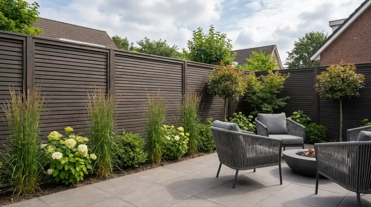 Sichtschutz im Garten mit Zaunelementen, Terrasse und grüner Bepflanzung