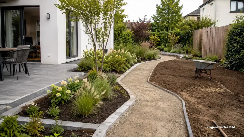 KI-generierte Darstellung einer Gartenumgestaltung mit neuem Weg, bepflanzten Beeten und vorbereiteter Gartenfläche