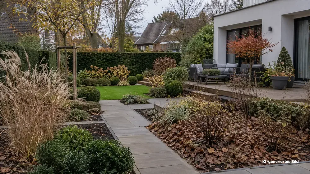 KI-generierte Darstellung eines Gartens im Herbst mit Laub, Stauden, Gehölzen und Terrasse