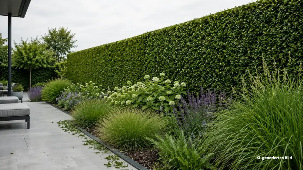 KI-generierte Darstellung einer gerade geschnittenen Hecke neben einem bepflanzten Gartenweg