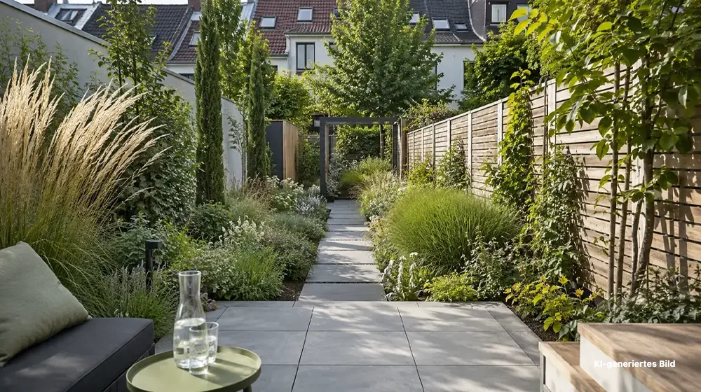 KI-generierte Darstellung eines schmalen Gartens mit geradem Weg, üppigen Beeten und kleiner Terrasse