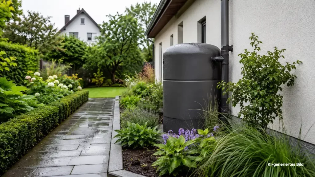 KI-generierte Darstellung einer Regentonne am Fallrohr neben einem bepflanzten Gartenweg