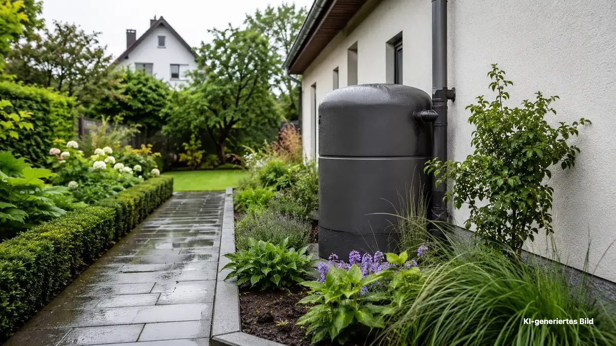KI-generierte Darstellung einer Regentonne am Fallrohr neben einem bepflanzten Gartenweg