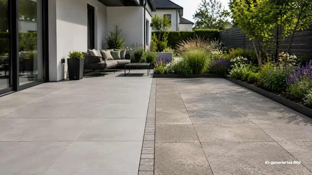 Feinsteinzeug oder Betonplatten als moderne Terrassenbeläge im Garten