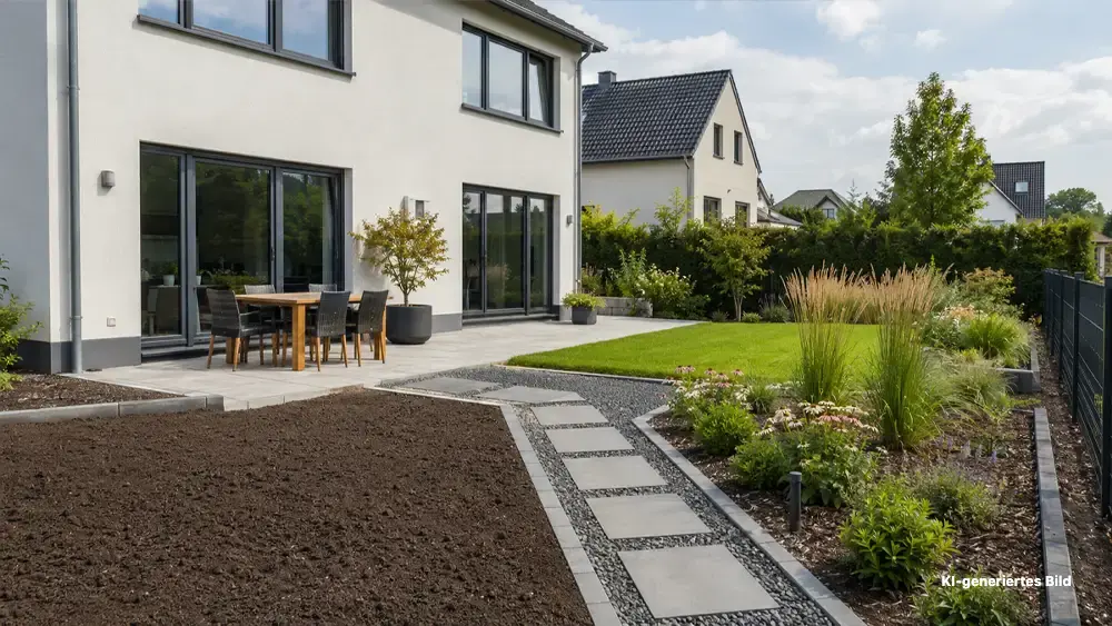Garten nach Neubau anlegen mit Terrasse, Gartenweg und vorbereiteten Pflanzflächen