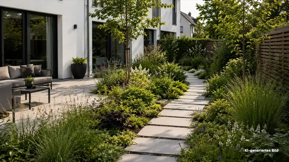 Garten ohne Rasen gestalten mit Stauden, Gräsern, Bodendeckern und Gartenweg