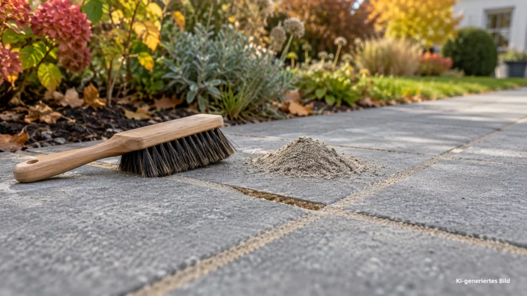 Pflasterfugen erneuern: Handbesen und Fugenmaterial auf grauem Betonpflaster