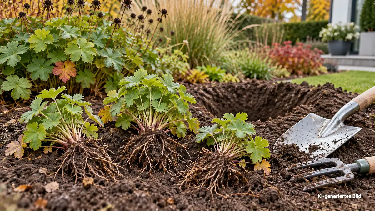 Geteilte Stauden mit Wurzelballen neben Spaten und Pflanzloch im Gartenbeet