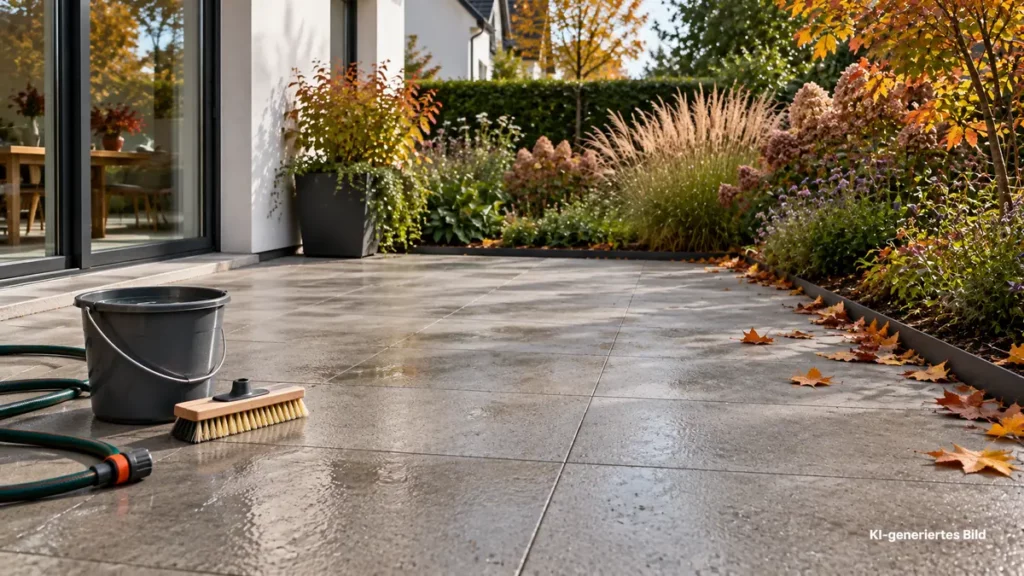 Terrasse reinigen: Bürste, Wassereimer und Gartenschlauch auf grauen Terrassenplatten