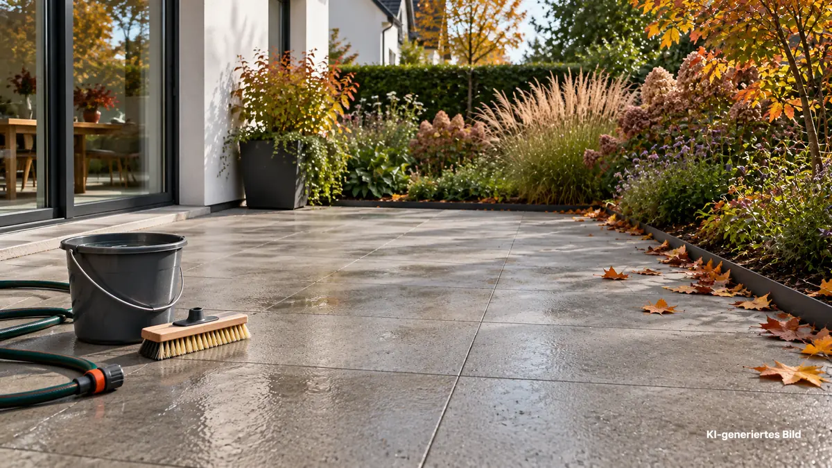 Terrasse reinigen: Bürste, Wassereimer und Gartenschlauch auf grauen Terrassenplatten